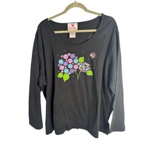 Quacker Factory Womens Embroidered Floral Cotton Top Black Multi Size 3X NWOT